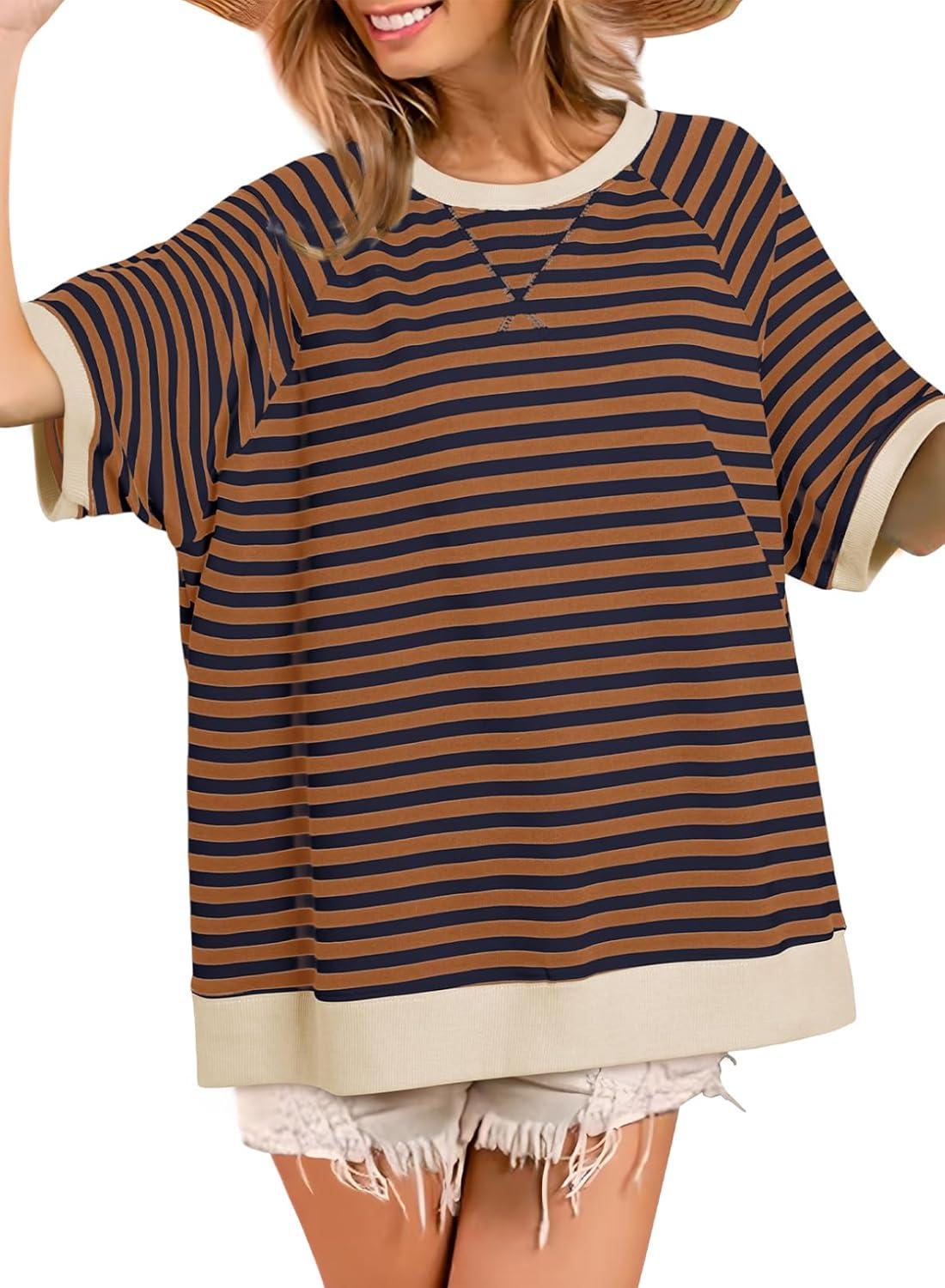 imageDokotoo Oversized T Shirts for Women Striped Color Block Crewneck Short Sleeve Casual Summer Tops Lightweight Loose BlousesDark Brown
