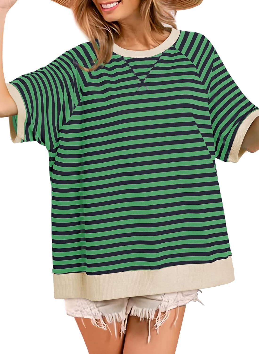 imageDokotoo Oversized T Shirts for Women Striped Color Block Crewneck Short Sleeve Casual Summer Tops Lightweight Loose BlousesDark Green