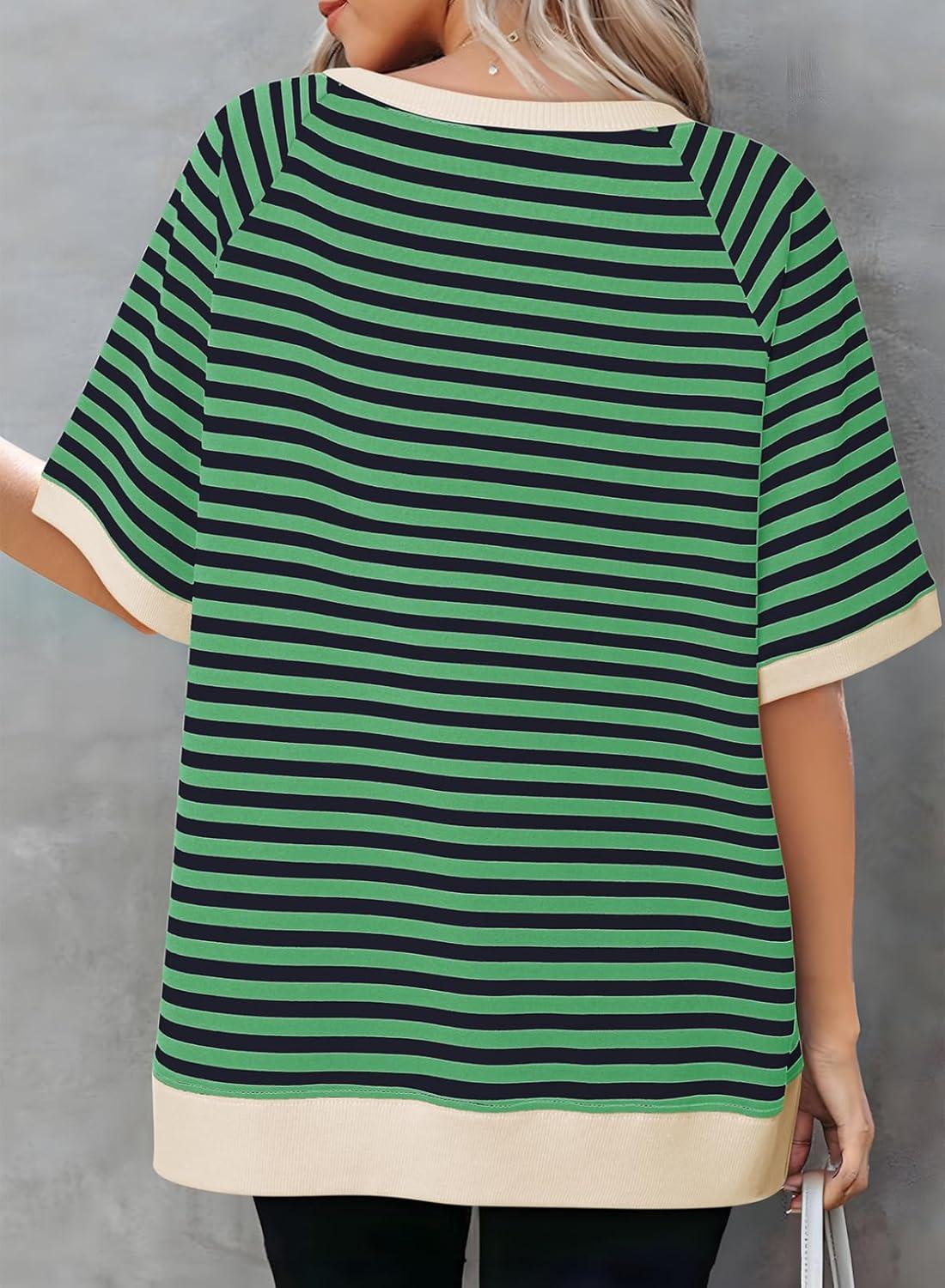 imageDokotoo Oversized T Shirts for Women Striped Color Block Crewneck Short Sleeve Casual Summer Tops Lightweight Loose BlousesDark Green