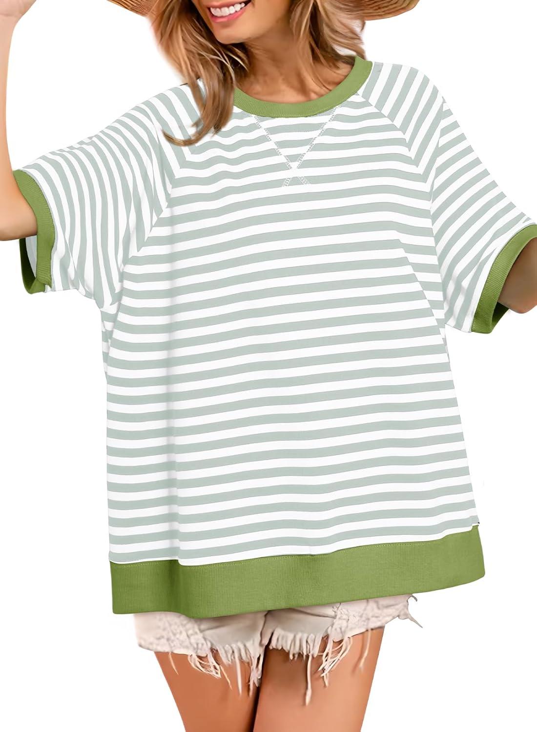 imageDokotoo Oversized T Shirts for Women Striped Color Block Crewneck Short Sleeve Casual Summer Tops Lightweight Loose BlousesGreen