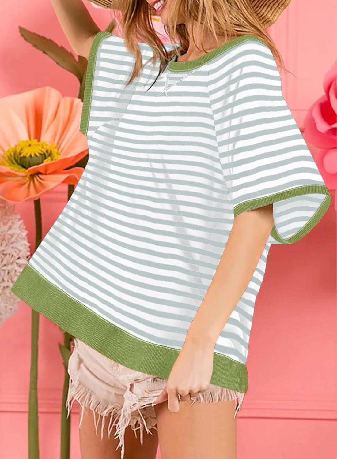 imageDokotoo Oversized T Shirts for Women Striped Color Block Crewneck Short Sleeve Casual Summer Tops Lightweight Loose BlousesGreen