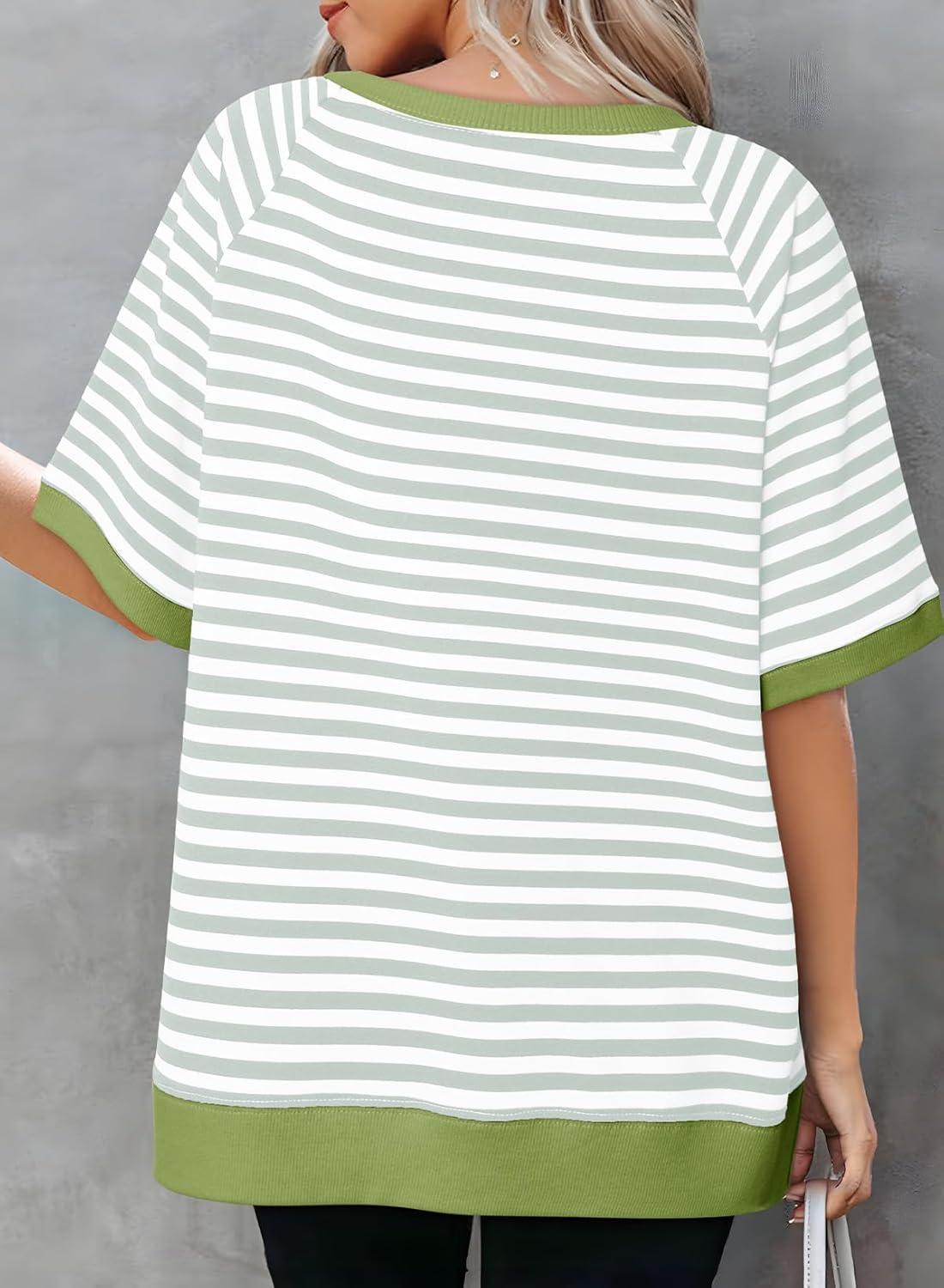 imageDokotoo Oversized T Shirts for Women Striped Color Block Crewneck Short Sleeve Casual Summer Tops Lightweight Loose BlousesGreen