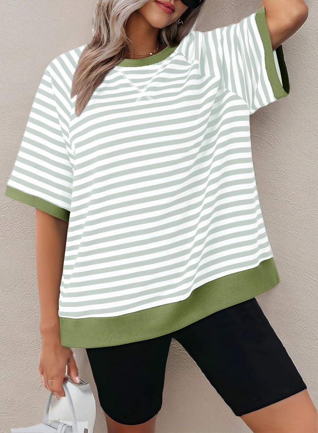 imageDokotoo Oversized T Shirts for Women Striped Color Block Crewneck Short Sleeve Casual Summer Tops Lightweight Loose BlousesGreen
