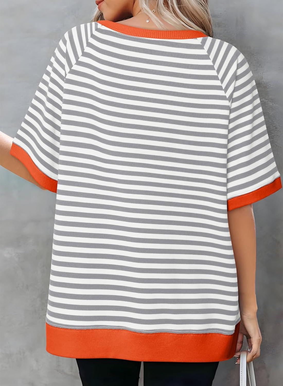 imageDokotoo Oversized T Shirts for Women Striped Color Block Crewneck Short Sleeve Casual Summer Tops Lightweight Loose BlousesGrey