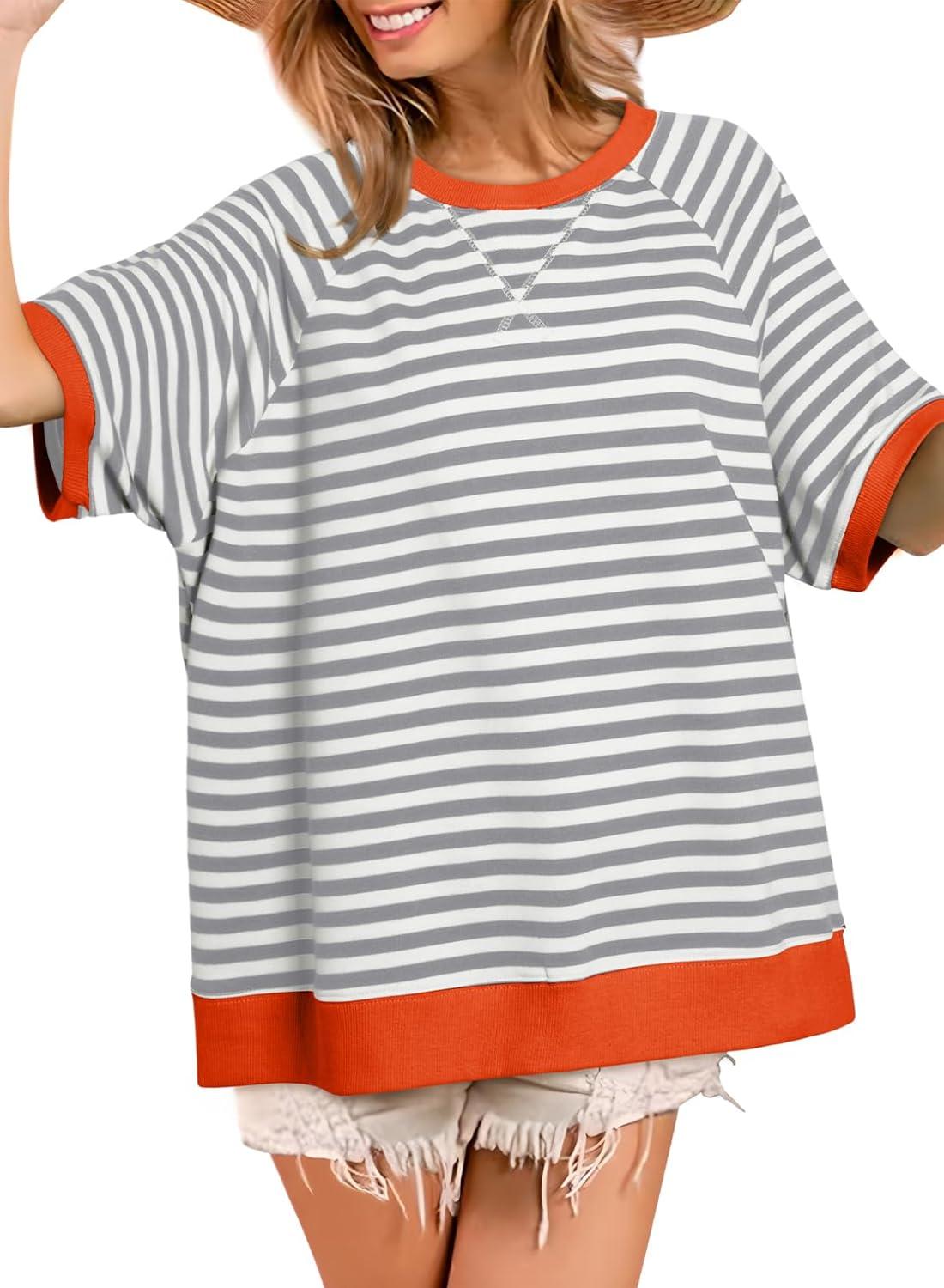 imageDokotoo Oversized T Shirts for Women Striped Color Block Crewneck Short Sleeve Casual Summer Tops Lightweight Loose BlousesGrey