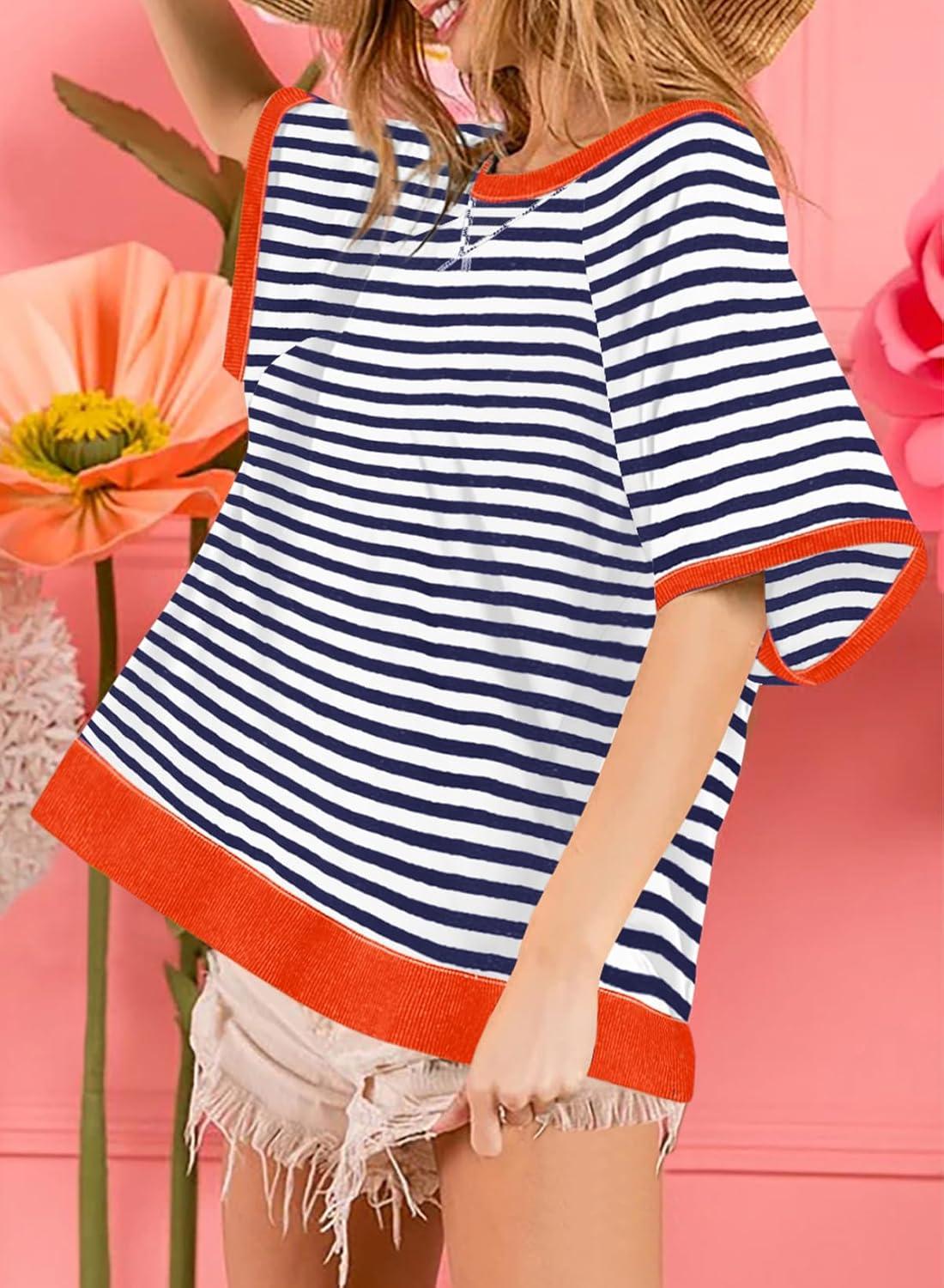 imageDokotoo Oversized T Shirts for Women Striped Color Block Crewneck Short Sleeve Casual Summer Tops Lightweight Loose BlousesOrange