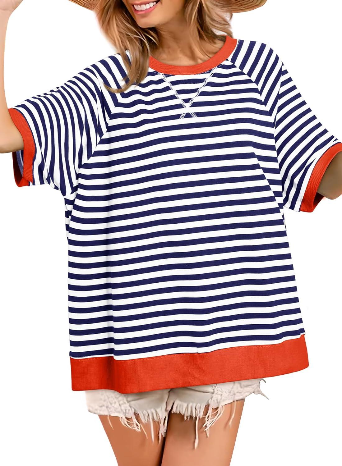 imageDokotoo Oversized T Shirts for Women Striped Color Block Crewneck Short Sleeve Casual Summer Tops Lightweight Loose BlousesOrange