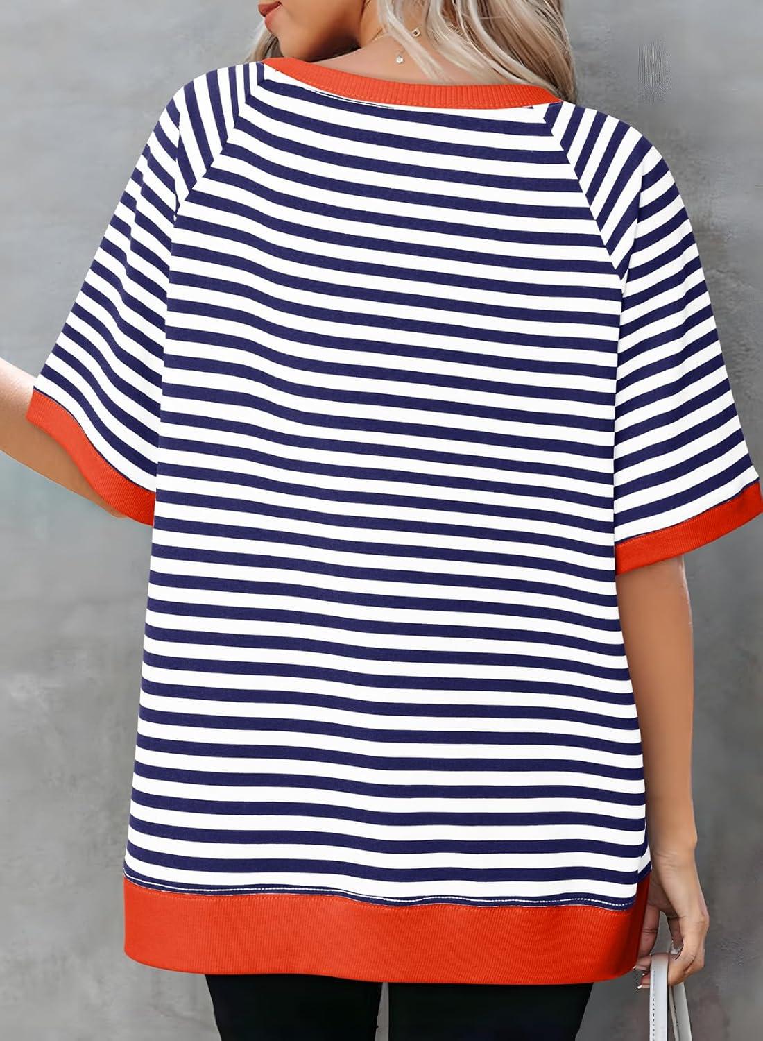 imageDokotoo Oversized T Shirts for Women Striped Color Block Crewneck Short Sleeve Casual Summer Tops Lightweight Loose BlousesOrange