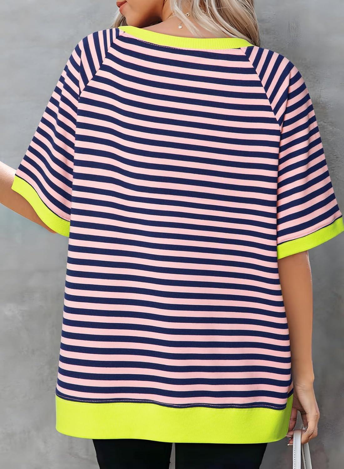 imageDokotoo Oversized T Shirts for Women Striped Color Block Crewneck Short Sleeve Casual Summer Tops Lightweight Loose BlousesPink