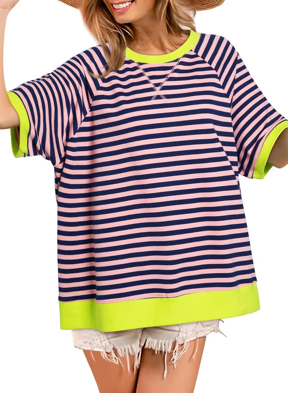 imageDokotoo Oversized T Shirts for Women Striped Color Block Crewneck Short Sleeve Casual Summer Tops Lightweight Loose BlousesPink