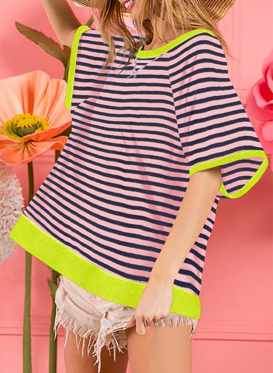 imageDokotoo Oversized T Shirts for Women Striped Color Block Crewneck Short Sleeve Casual Summer Tops Lightweight Loose BlousesPink