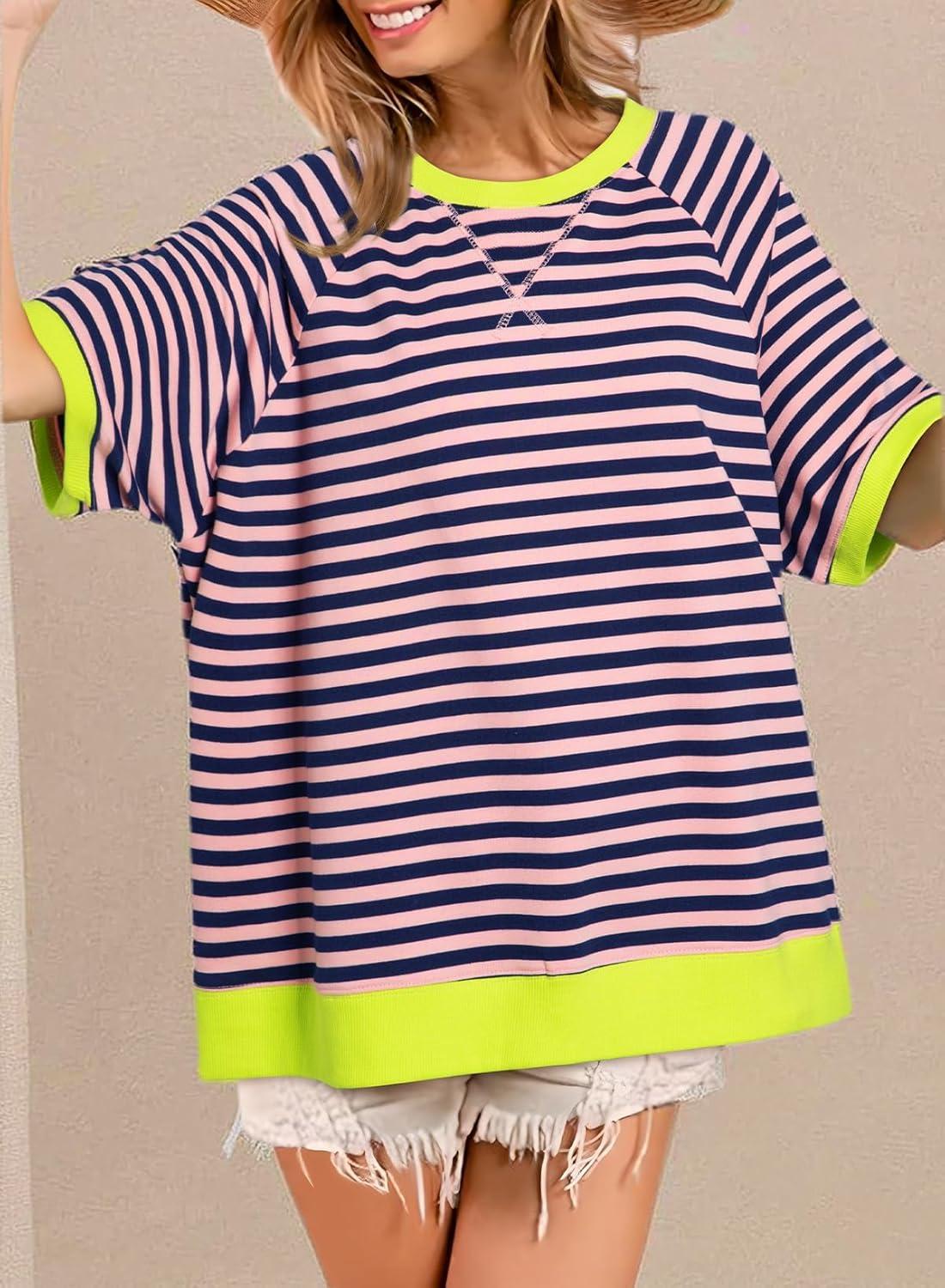 imageDokotoo Oversized T Shirts for Women Striped Color Block Crewneck Short Sleeve Casual Summer Tops Lightweight Loose BlousesPink