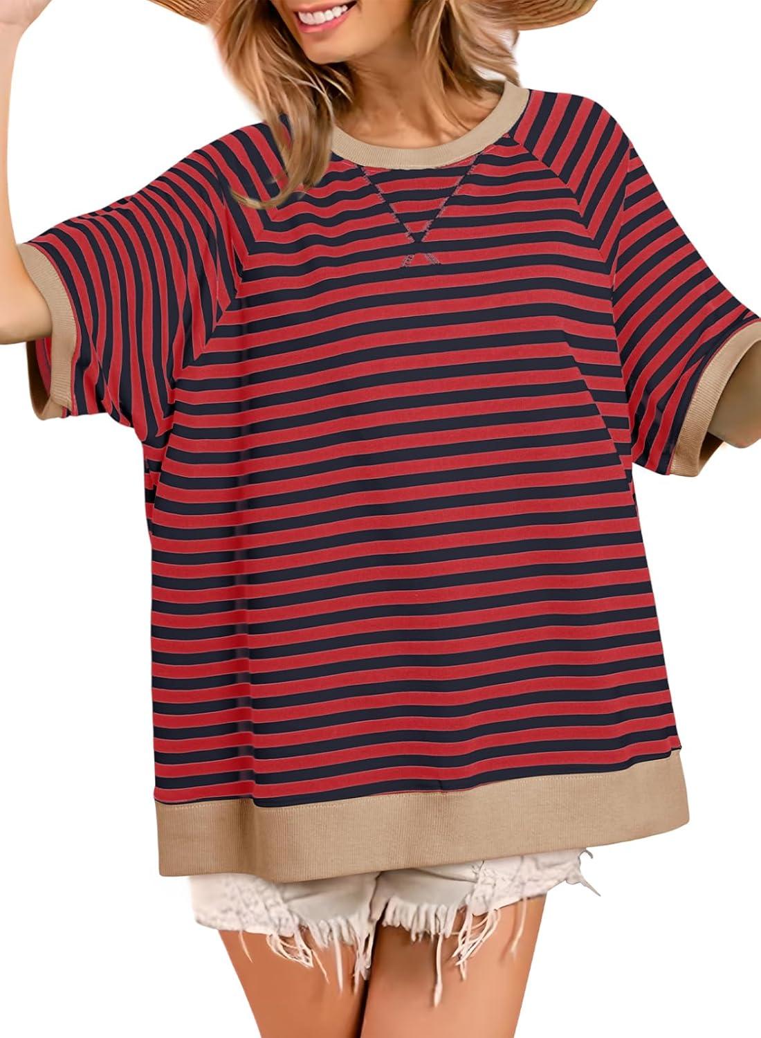 imageDokotoo Oversized T Shirts for Women Striped Color Block Crewneck Short Sleeve Casual Summer Tops Lightweight Loose BlousesRed