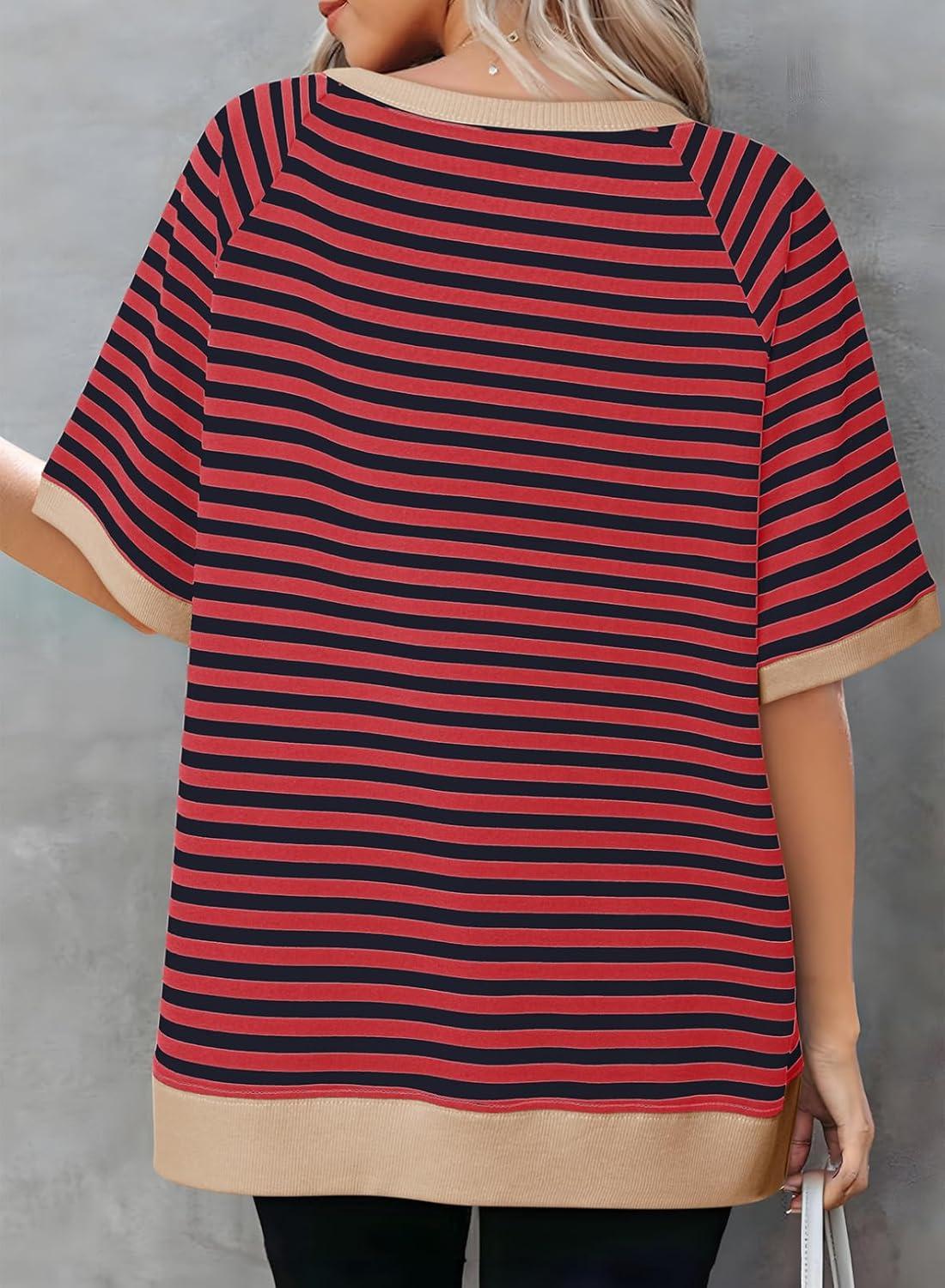imageDokotoo Oversized T Shirts for Women Striped Color Block Crewneck Short Sleeve Casual Summer Tops Lightweight Loose BlousesRed