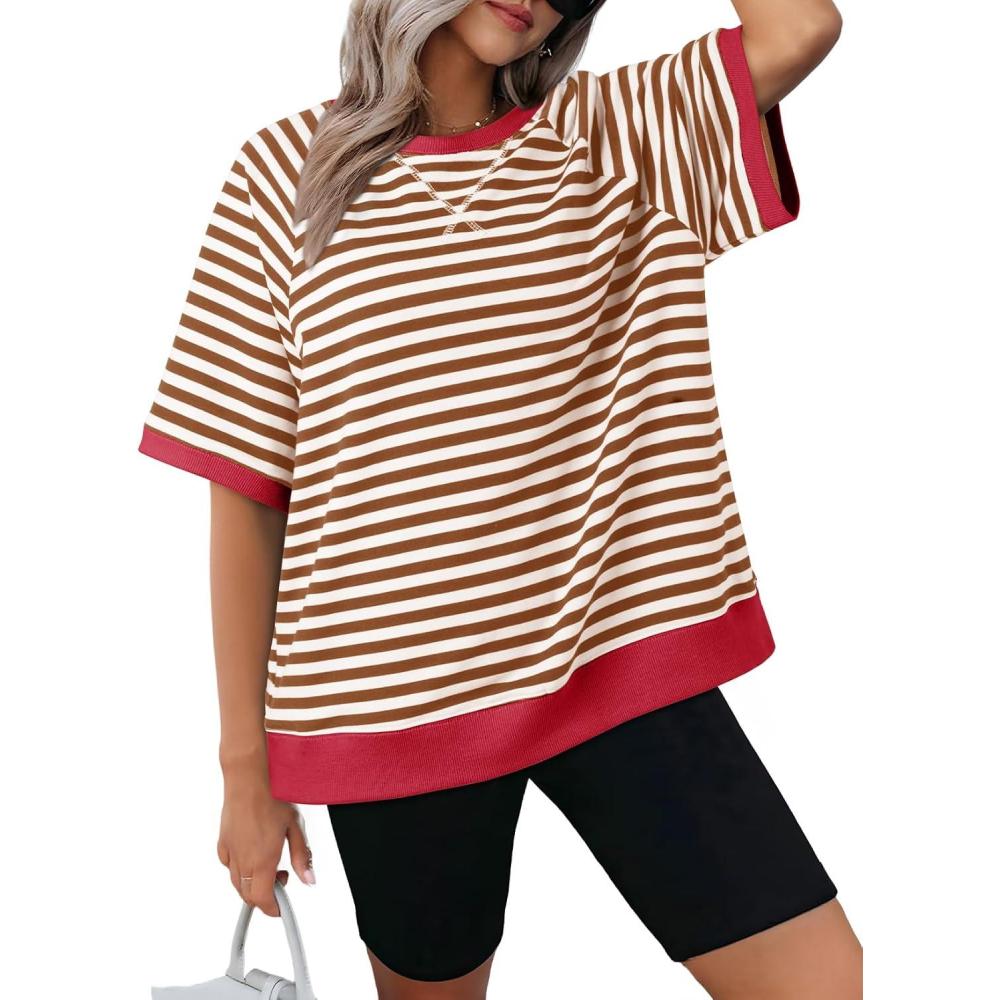 imageDokotoo Oversized T Shirts for Women Striped Color Block Crewneck Short Sleeve Casual Summer Tops Lightweight Loose BlousesBrown