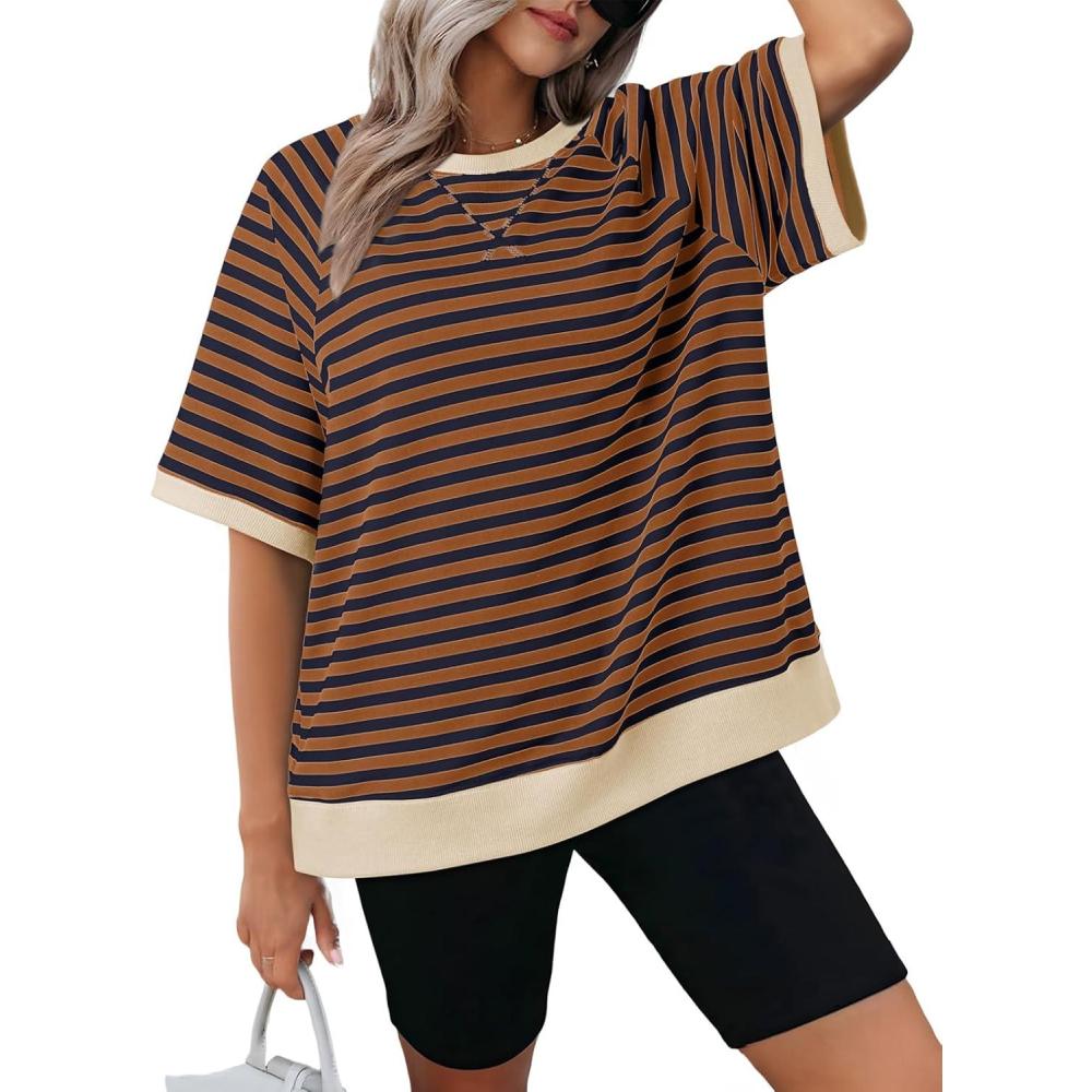 imageDokotoo Oversized T Shirts for Women Striped Color Block Crewneck Short Sleeve Casual Summer Tops Lightweight Loose BlousesDark Brown