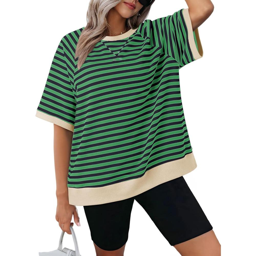 imageDokotoo Oversized T Shirts for Women Striped Color Block Crewneck Short Sleeve Casual Summer Tops Lightweight Loose BlousesDark Green