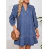 imageDokotoo Denim Dress for Women Fashion Fall Casual Babydoll 2025 V Neck 34 Puff Sleeve Jean DressesReal Teal
