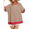 imageDokotoo Oversized T Shirts for Women Striped Color Block Crewneck Short Sleeve Casual Summer Tops Lightweight Loose BlousesBrown