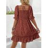 imageDokotoo Womens Casual Summer Dresses Short Sleeve Square Neck Smocked Boho Floral Sundress Flowy ALine Mini DressBrown