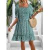 imageDokotoo Womens Casual Summer Dresses Short Sleeve Square Neck Smocked Boho Floral Sundress Flowy ALine Mini DressGreen