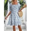 imageDokotoo Womens Casual Summer Dresses Short Sleeve Square Neck Smocked Boho Floral Sundress Flowy ALine Mini DressSky Blue
