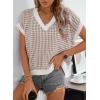 imageDokotoo Womens Casual Summer Tops V Neck Short Sleeve Plaid Knit Vest Loose Fit Pullover Sweaters BlousesApricot