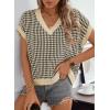 imageDokotoo Womens Casual Summer Tops V Neck Short Sleeve Plaid Knit Vest Loose Fit Pullover Sweaters BlousesBlack