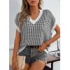 imageDokotoo Womens Casual Summer Tops V Neck Short Sleeve Plaid Knit Vest Loose Fit Pullover Sweaters BlousesBlack White