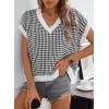 imageDokotoo Womens Casual Summer Tops V Neck Short Sleeve Plaid Knit Vest Loose Fit Pullover Sweaters BlousesBlack White
