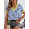 imageDokotoo Womens Casual Summer Tops V Neck Short Sleeve Plaid Knit Vest Loose Fit Pullover Sweaters BlousesBlue