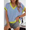 imageDokotoo Womens Casual Summer Tops V Neck Short Sleeve Plaid Knit Vest Loose Fit Pullover Sweaters BlousesBlue