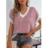 imageDokotoo Womens Casual Summer Tops V Neck Short Sleeve Plaid Knit Vest Loose Fit Pullover Sweaters BlousesRed