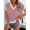 imageDokotoo Womens Casual Summer Tops V Neck Short Sleeve Plaid Knit Vest Loose Fit Pullover Sweaters BlousesRed