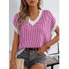 imageDokotoo Womens Casual Summer Tops V Neck Short Sleeve Plaid Knit Vest Loose Fit Pullover Sweaters BlousesRose Red