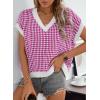 imageDokotoo Womens Casual Summer Tops V Neck Short Sleeve Plaid Knit Vest Loose Fit Pullover Sweaters BlousesRose Red