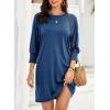 imageDokotoo Womens Dresses 2025 Spring 34 Sleeve Fashion Dresses Crewneck Casual Mini Dress with Pockets SXLSail Blue