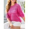 imageDokotoo Womens Tops Round Neck Striped Half Sleeve Hollow Out Crochet Loose Pullover Sweaters 2025Rose Red