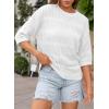 imageDokotoo Womens Tops Round Neck Striped Half Sleeve Hollow Out Crochet Loose Pullover Sweaters 2025White