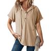 imageDokotoo Sweatshirts for Women Spring Summer Hollow Out Hoodies Drawstring Button V Neck Short Sleeve Pullover SweatshirtParchment