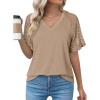 imageDokotoo Women Blouses Lace Tops for Women Trendy Summer Casual V Neck Short Sleeve ShirtsBrown