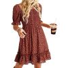 imageDokotoo Womens Casual Summer Dresses Short Sleeve Square Neck Smocked Boho Floral Sundress Flowy ALine Mini DressBrown