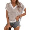 imageDokotoo Womens Casual Summer Tops V Neck Short Sleeve Plaid Knit Vest Loose Fit Pullover Sweaters BlousesApricot