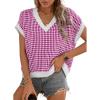 imageDokotoo Womens Casual Summer Tops V Neck Short Sleeve Plaid Knit Vest Loose Fit Pullover Sweaters BlousesRose Red