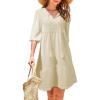 imageDokotoo Womens Dresses Summer V Neck Drawstring Embroidered Half Sleeve Mini Dress Boho Dresses for Women 2025 SundressesBeige