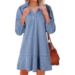 imageDokotoo Denim Dress for Women Fashion Fall Casual Babydoll 2025 V Neck 34 Puff Sleeve Jean DressesBeau Blue