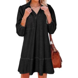 imageDokotoo Denim Dress for Women Fashion Fall Casual Babydoll 2025 V Neck 34 Puff Sleeve Jean DressesCarbon Grey