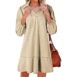 imageDokotoo Denim Dress for Women Fashion Fall Casual Babydoll 2025 V Neck 34 Puff Sleeve Jean DressesKhaki