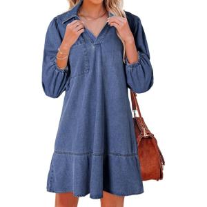 imageDokotoo Denim Dress for Women Fashion Fall Casual Babydoll 2025 V Neck 34 Puff Sleeve Jean DressesReal Teal