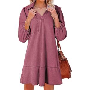 imageDokotoo Denim Dress for Women Fashion Fall Casual Babydoll 2025 V Neck 34 Puff Sleeve Jean DressesRed